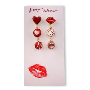 Betsey Johnson Valentines Red Lucky Dice Cherry Soda Hearts Dangle Earrings NEW